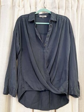 Harper Blue Draped Blouse Relaxed Fit Button Front Top Casual Chic